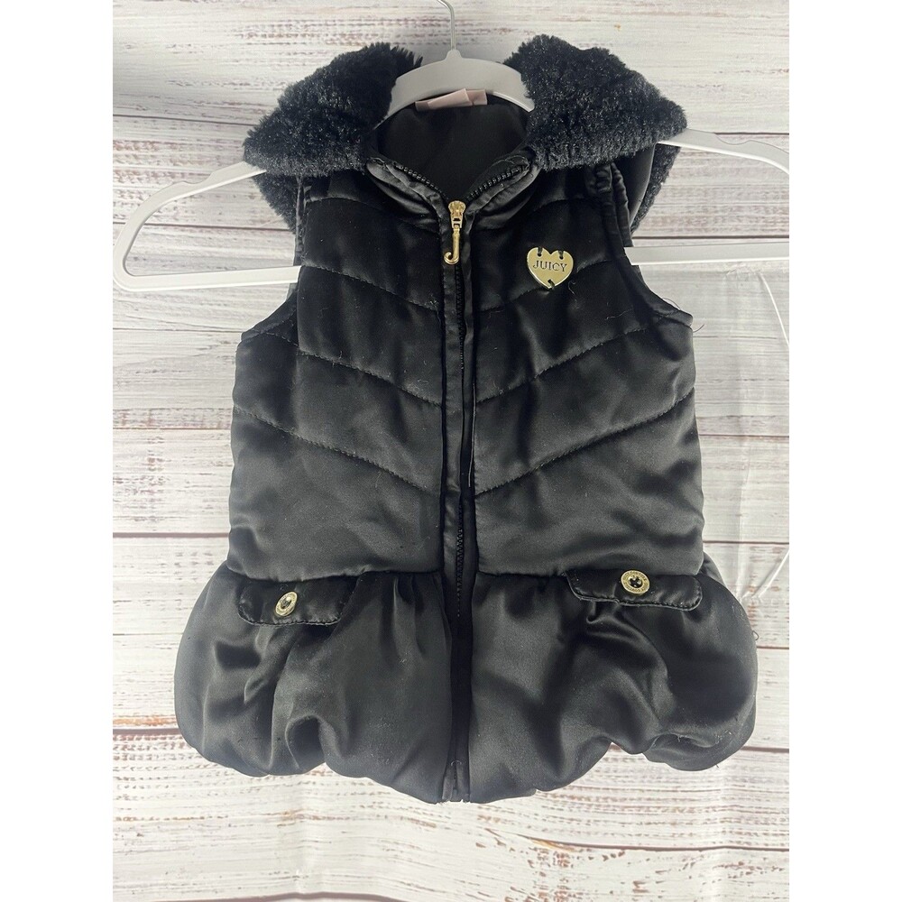 Juicy Couture Black W Gold Hardware Hooded Puffer Vest Girls Size 3T fuax fur